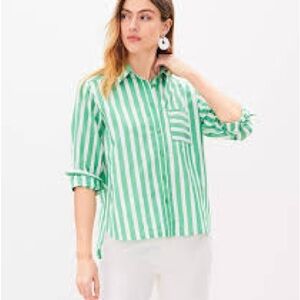 Loft Green and White Striped Button-Down Shirt - Women Size Large